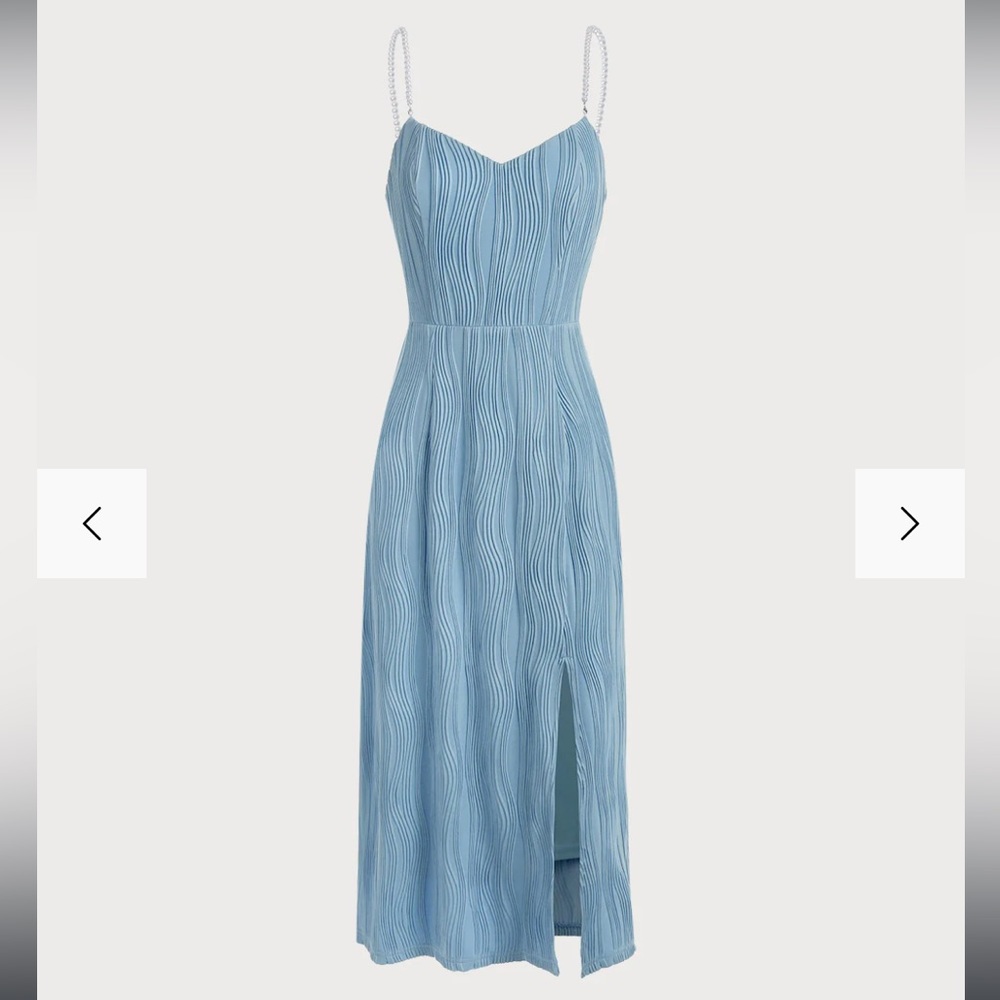 The Blue Wave Textured Pearl Strap Midi Dress